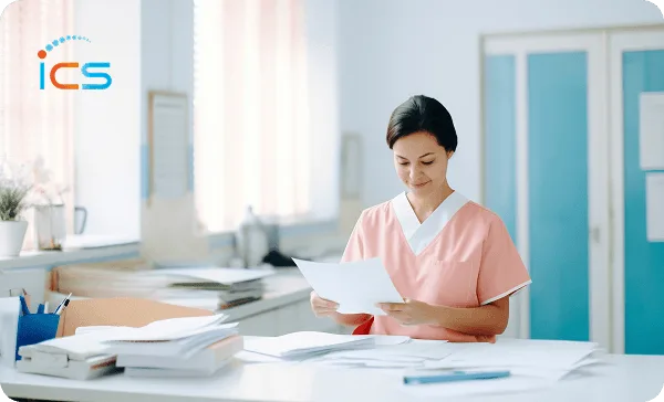 Healthcare worker in pink scrubs reading papers at a desk, with an ICS logo