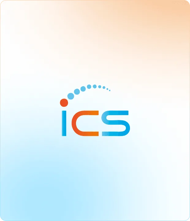 specialities image 61622 webp ICS logo with a dotted arc over the letters on a soft orange and blue gradient