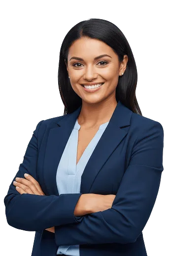 Smiling woman in a navy blazer with arms crossed against a white background
