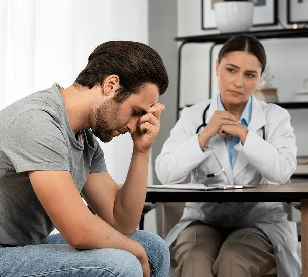 Man in a gray t-shirt holding his head in distress while a doctor listens across a table