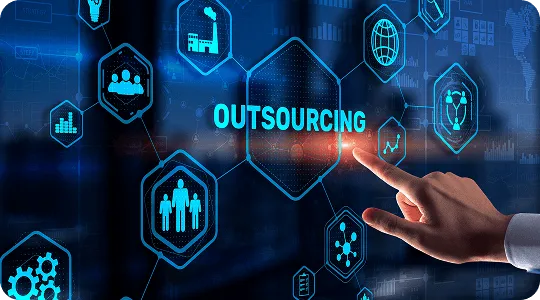 Hand touching a glowing outsourcing hexagon surrounded by business and people icons
