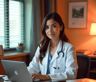 teleradiology image 59230 webp Woman in a white coat with stethoscope seated at a laptop in a warmly lit room