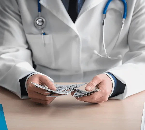 teleradiology image 59236 webp Doctor in white coat with stethoscope holding a fan of banknotes at a desk