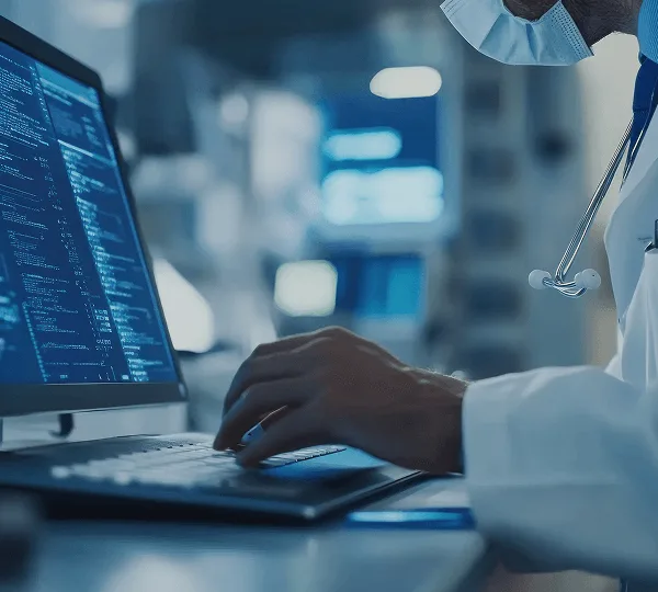 Clinician wearing a mask and stethoscope typing on a laptop with lines of code on a nearby monitor