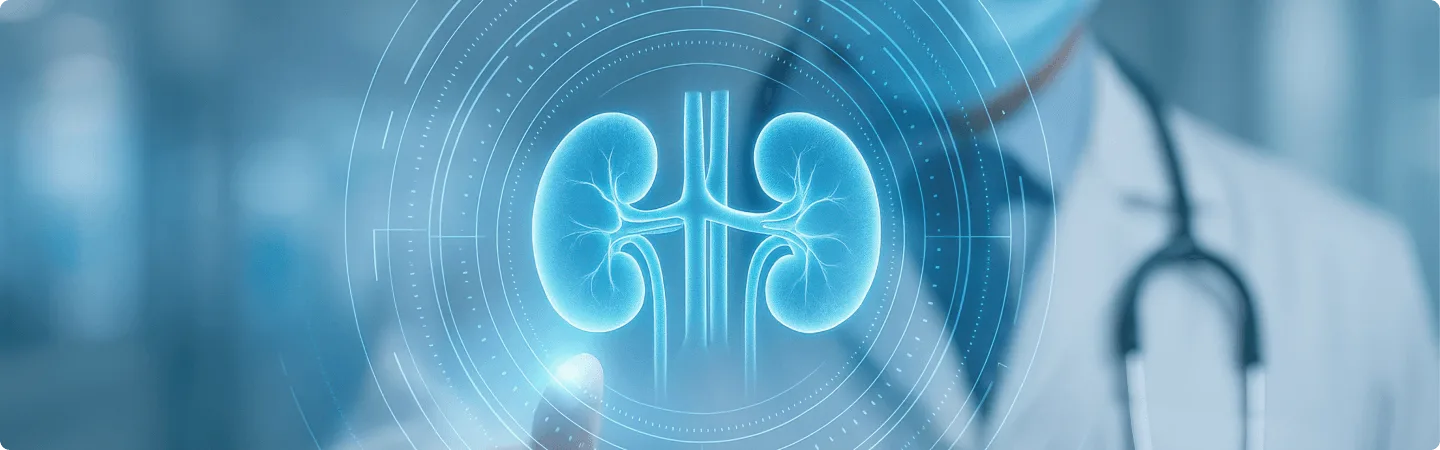 Glowing blue hologram of two kidneys in circular rings, with a blurred clinician in a mask and stethoscope behind