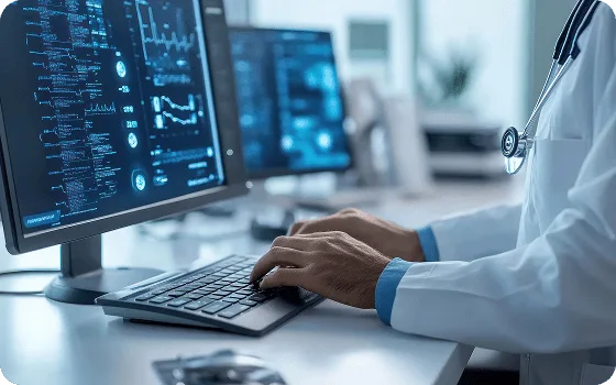 wound-care image 59177 webp Hands typing on a keyboard in front of monitors showing blue data screens, stethoscope around neck nearby