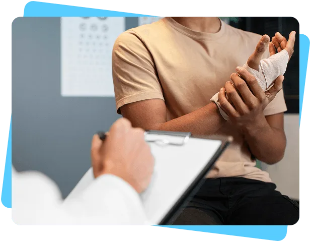 wound-care image 61348 webp Patient with a bandaged hand and wrist while a clinician in a white coat holds a clipboard
